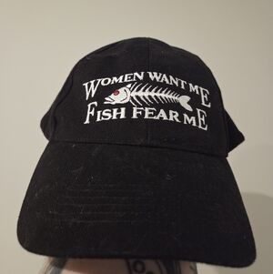 "Women Want Me Fish Fear Me" Black Embroidered Joke Cap